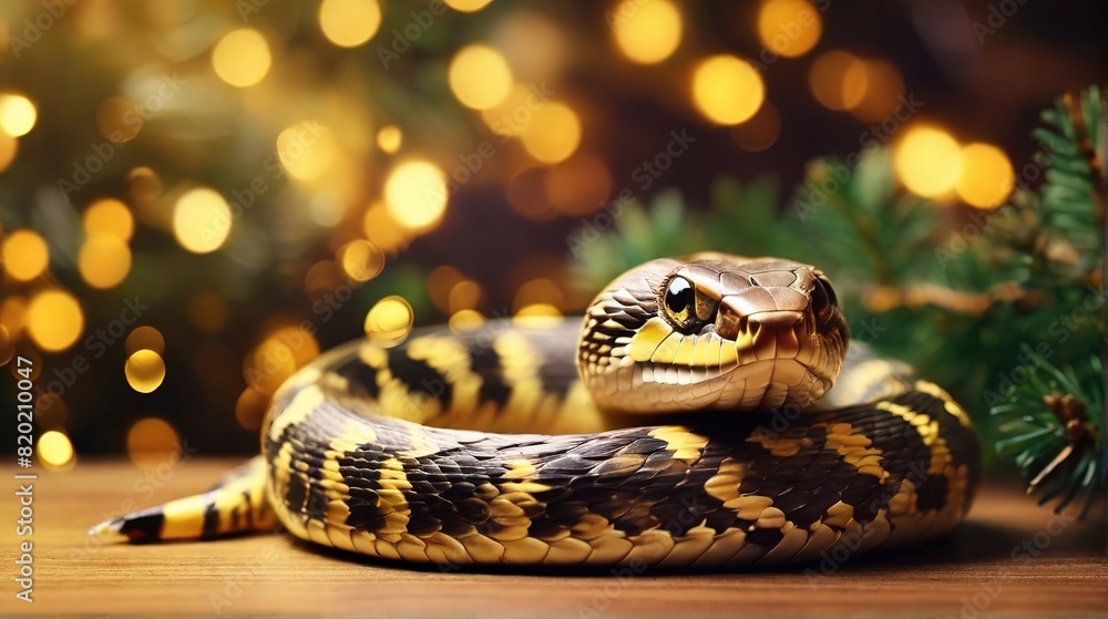 Obraz premium Cute snake with expressive eyes against the background of a Christmas tree and blurred bokeh. 2025 New Year snake symbol, illustration for calendar, greeting card design