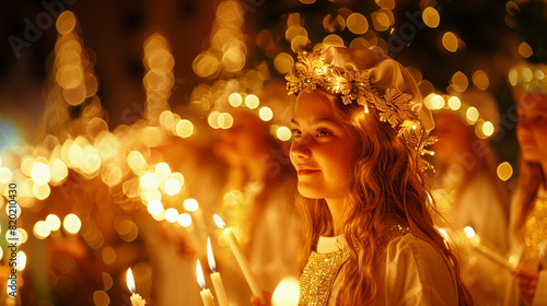 A luminous procession of hope, casting a warm glow on the winter streets of Stockholm, celebrating St. Lucia's legacy of light. photo