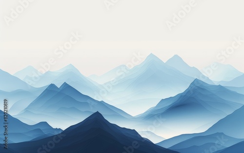 Minimalist mountain range, muted blue tones, clean and sharp lines, serene and calm 