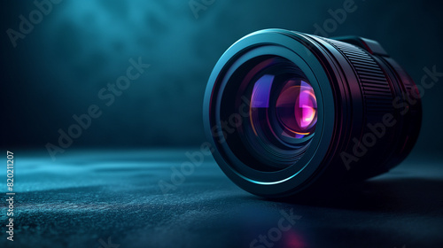 Futuristic photo camera lens on dark background