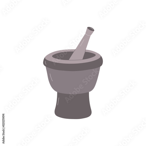 Mortar bowl with pestle. Grinder bowl. Kitchen tool. Simple vector hand drawn illustration, isolated on white background.