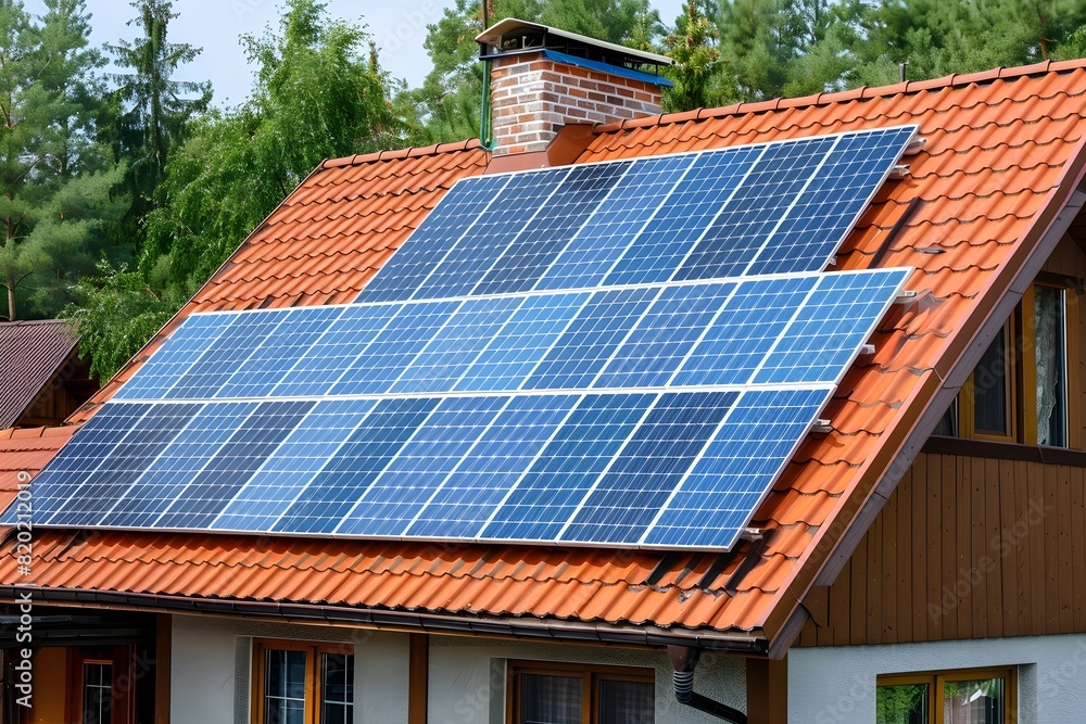 Fototapeta premium Modern house with solar panel. Renewable energy technology