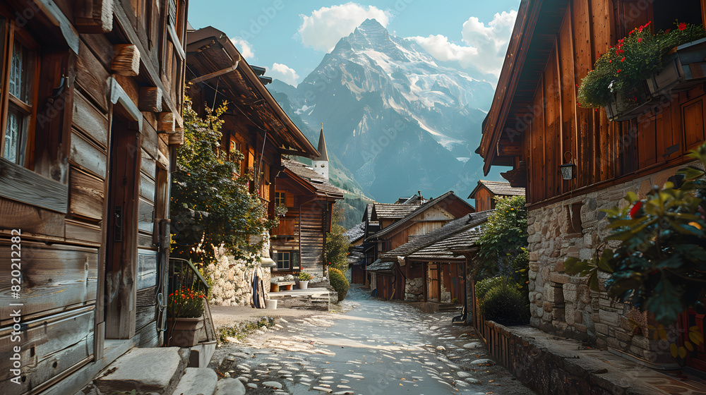 A rustic alley in a mountain village with stunning views of the surrounding peaks.