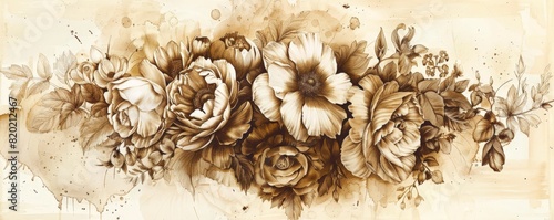 Vintage floral bouquet, sepia tones, ink drawing, detailed, antique style photo