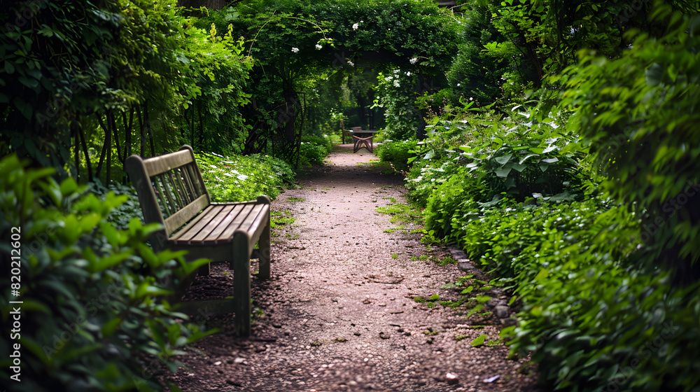 A secret garden alley with lush greenery and hidden benches. A secret garden alley with lush greenery and hidden benches.