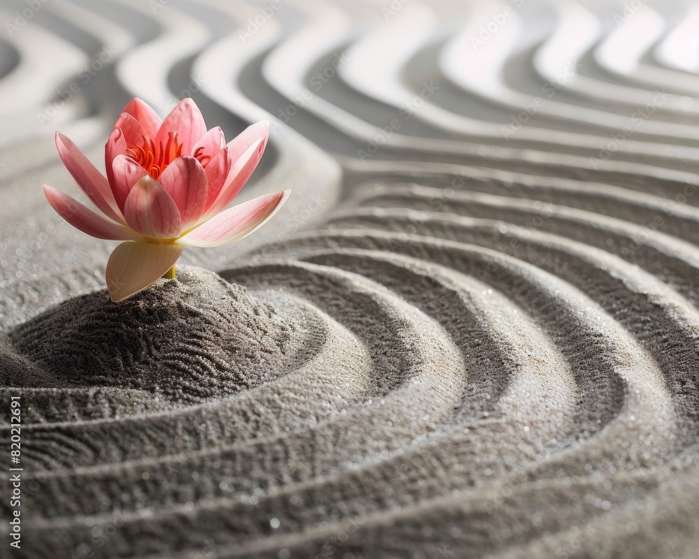 Obraz premium A close-up of a zen sand garden with meticulously raked patterns and a single lotus flower, monochromatic palette, sharp focus, meditative simplicity
