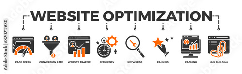 Website optimization banner web icon vector illustration concept with icon of page speed, conversion rate, website traffic, efficiency, keywords, ranking, caching, link building