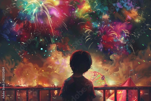 A child at a carnival, mesmerized by fireworks, vibrant colors, dynamic lighting, digital painting, joyful and exciting