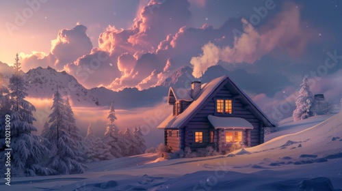 A cozy cabin in the mountains with smoke coming from the chimney, surrounded by snow, warm interior glow, winter landscape