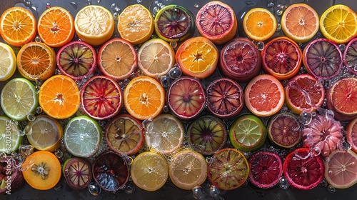   A dozen of oranges and grapefruits halved and arranged on a black plate