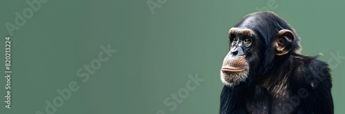 Chimpanzee web banner. Chimpanzee isolated on green background with copy space. © Banner Brian