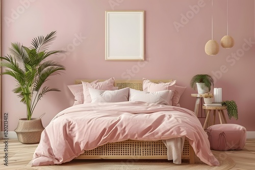 Pink bedroom interior design with wicker bed. Wall painting mockup