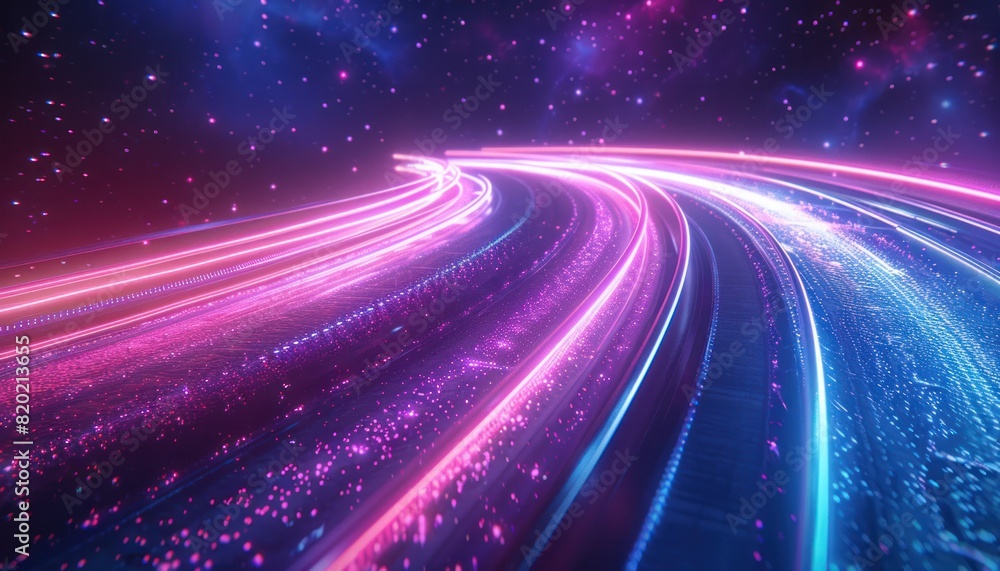 A colorful, glowing trail of light is shown in the sky A colorful, glowing trail of light is shown in the sky