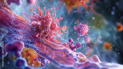 A microscopic view of T-cells attacking a virus, realism, high detail, vibrant colors, scientifically accurate depiction