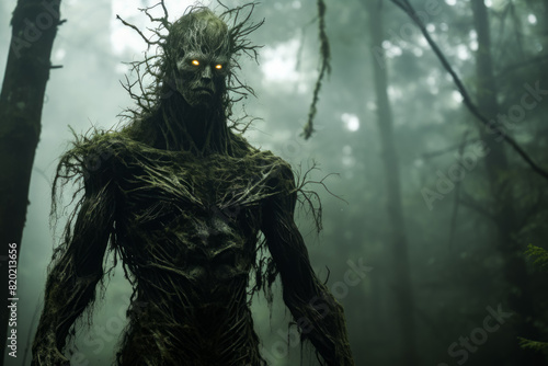 In the middle of a forest stands a monstrous creature with eyes that shine brightly in the darkness. It is a fictional character in this artfilled natural setting photo