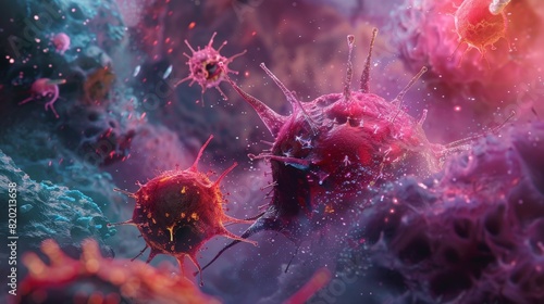 A microscopic view of T-cells attacking a virus, realism, high detail, vibrant colors, scientifically accurate depiction photo