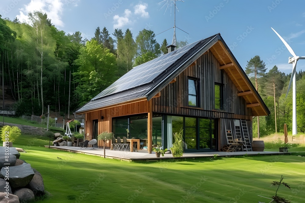 Modern house with solar panel. Sustainable eco-friendly home Modern house with solar panel. Sustainable eco-friendly home