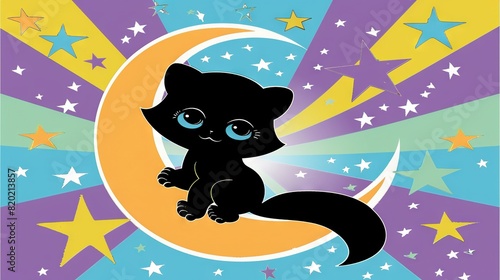  A black kitten sits atop a crescent moon with stars surrounding it The background features shades of blue  purple  yellow  orange  and blue stars