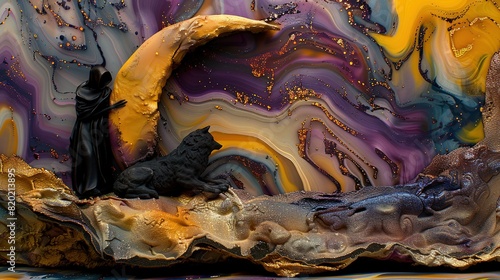   A sculpture of a cat sitting on a rock next to a half-moon and a black cat on another rock photo