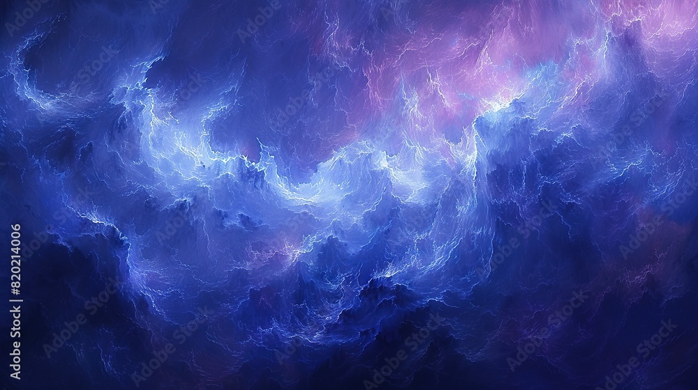   A dark blue and purple background with blue, purple, and white swirls is depicted in the painting