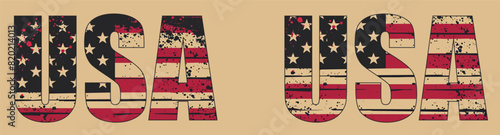 Vector isolated drawing for t-shirt with inscription 
of name of country of usa on background 
of national united states flag. Pattern for fabric, paper, clothing. American flag font.