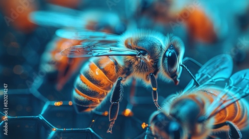  A sharp focus of a honeybee on a honeycomb with other bees in the hazy background