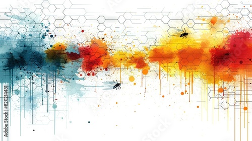  A white background adorned with an array of orange and yellow paint splatters forms the base of the image, while a bee rests at the bottom