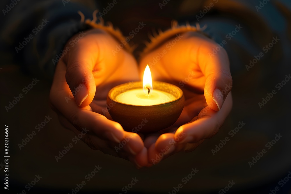 Person holding lit candle. Illumination light flame Person holding lit candle. Illumination light flame