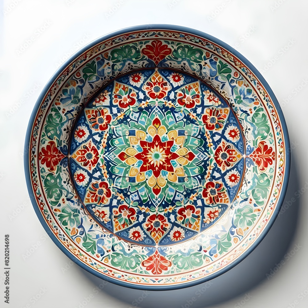 Naklejka premium Moroccan ceramic plate painted with vibrant geometric patterns