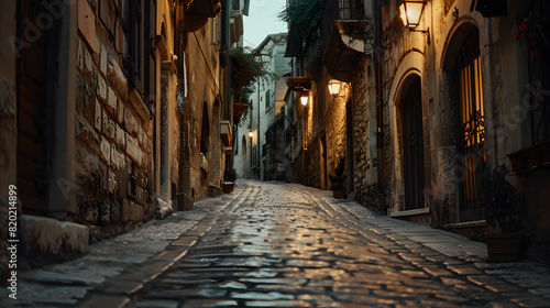 A stone-paved alley in an ancient city flanked by historic buildings and dim streetlights. © Mason