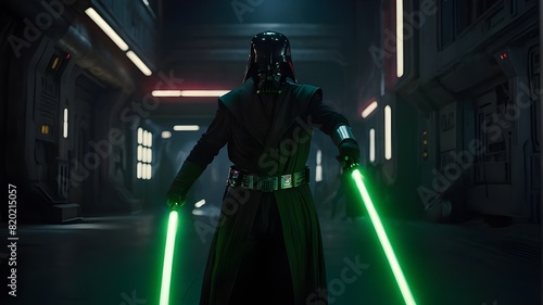 Green lightsaber illuminated in the background photo