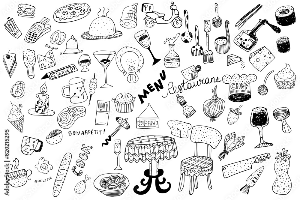 Obraz premium Restaurant, Café , Bon Appétit Doodle Line Art Illustration. Set. Hand Drawn Pencil Vector Clip Art.