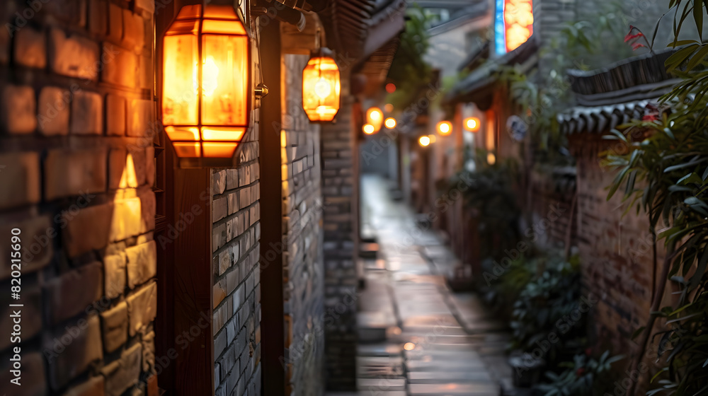 A twilight scene in a small alley with softly glowing lanterns and old brick walls.