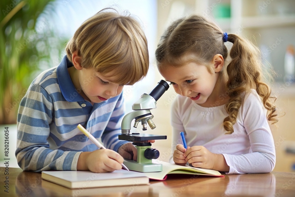 Two children are looking through a microscope and writing in their notebooks Two children are looking through a microscope and writing in their notebooks