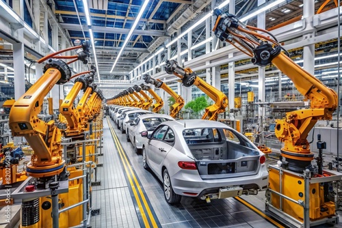 A car assembly line with robots working on the cars photo