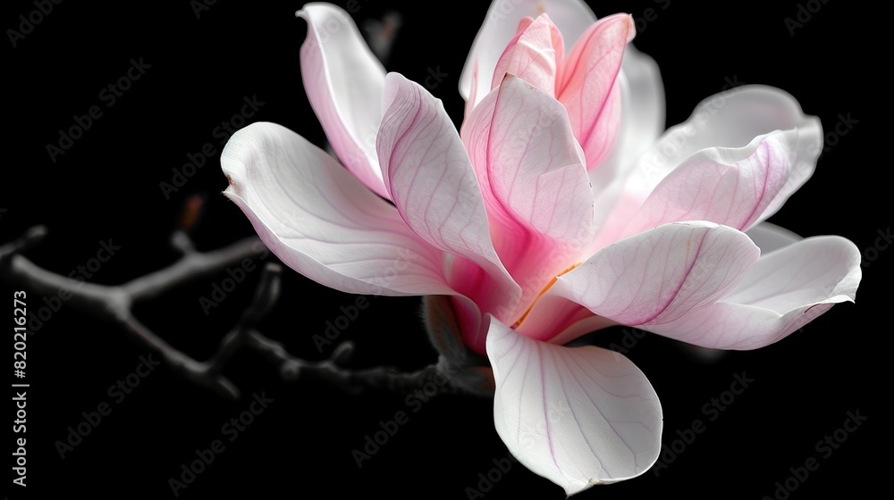 A close-up of a pink and white flower on a black background with a tree branch in the backdrop A close-up of a pink and white flower on a black background with a tree branch in the backdrop