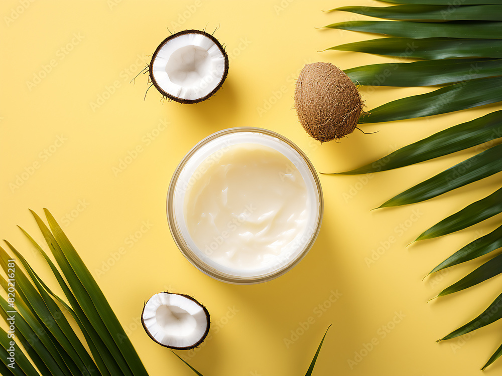 Top view mockup of organic cosmetics with coconut oil Top view mockup of organic cosmetics with coconut oil