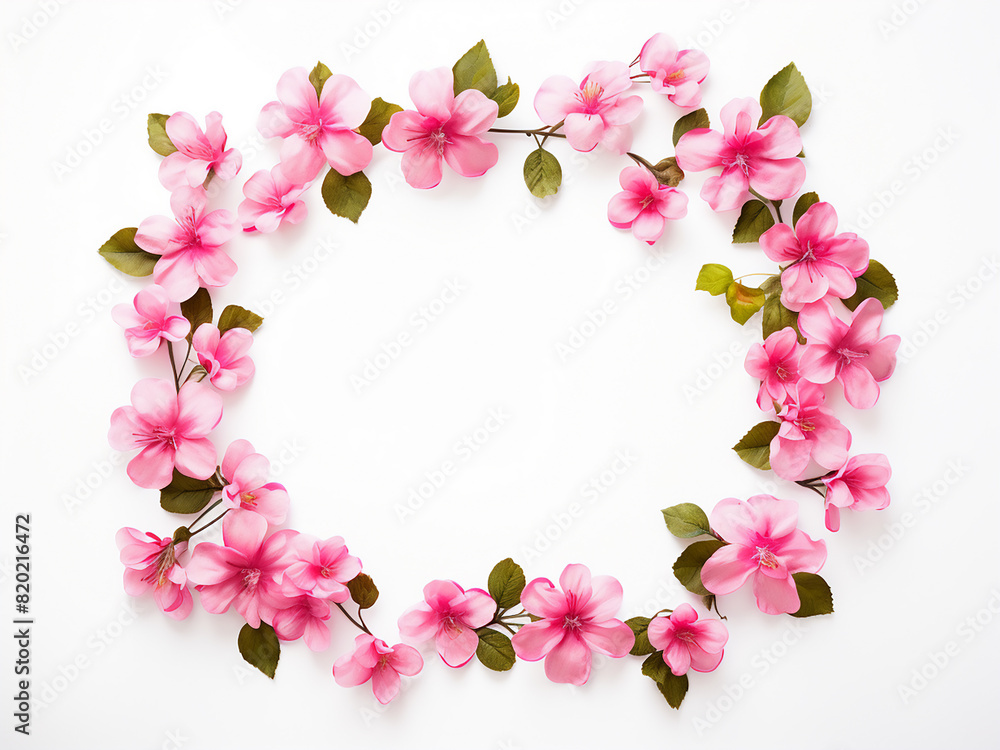 Fresh leaves and pink flowers form floral frame