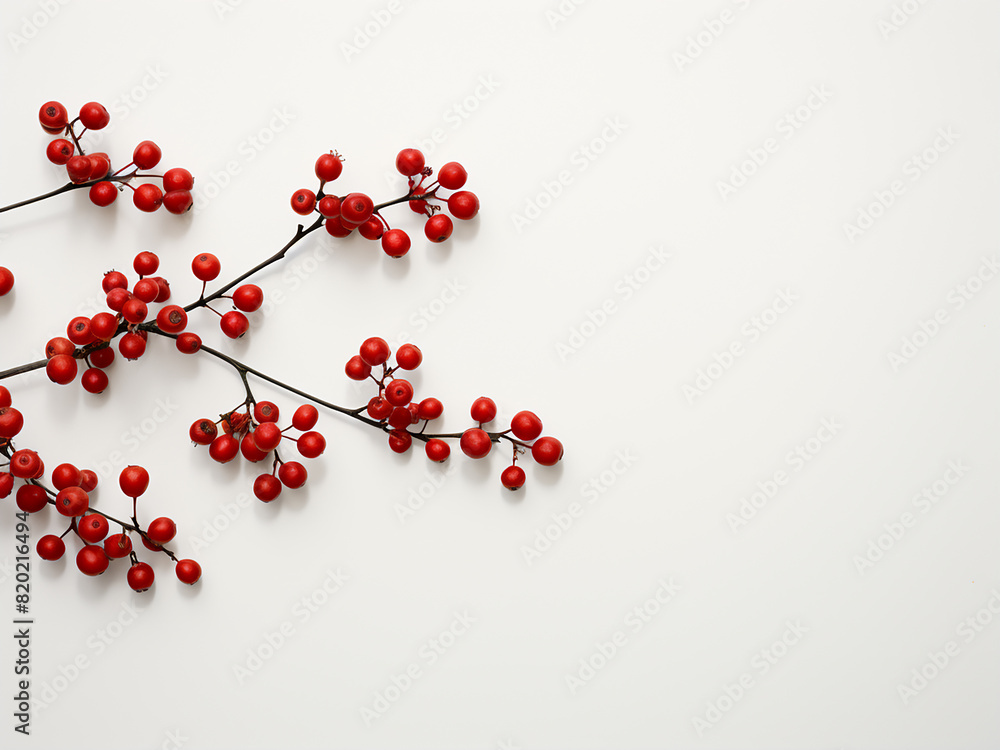 A branch with crimson berries elegantly positioned on a clean white desk, creating a serene scene A branch with crimson berries elegantly positioned on a clean white desk, creating a serene scene