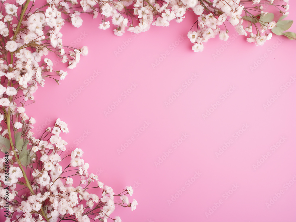 Gypsophila flowers arranged into a frame on pink Gypsophila flowers arranged into a frame on pink