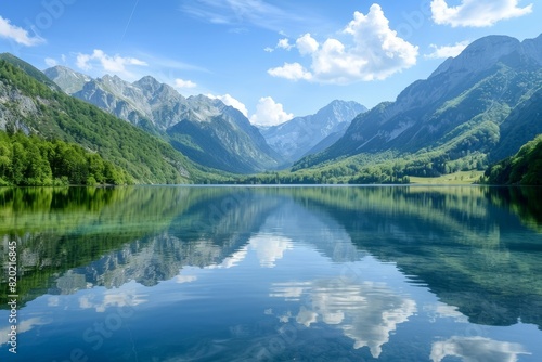 Clear Alpine Lake Reflecting Majestic Snow-Capped Mountains under Blue Sky