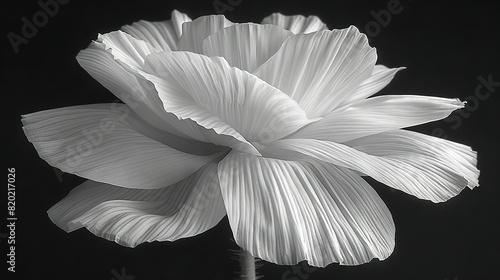   A monochromatic image of a massive floral centerpiece amidst a sea of black-and-white petals