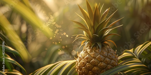 Golden Pineapple with its textured skin and spiky leaves, set against a tropical background. 