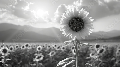  Black-and-white image of sunflowers in a field against a mountainous backdrop