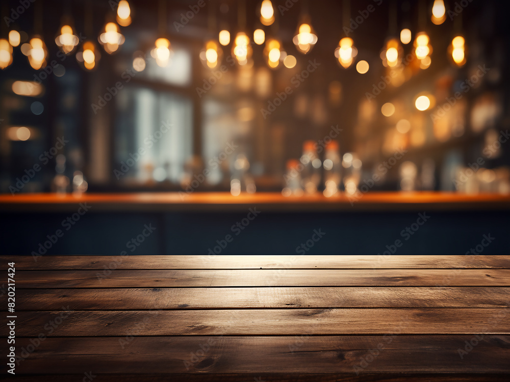 Dark brown desk against a blurred bar background Dark brown desk against a blurred bar background
