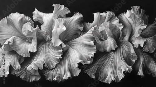   A monochromatic photograph of a line of flowers against a dark backdrop