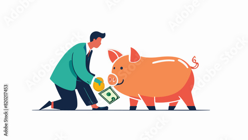 Financial Savings: Man Putting Money into Piggy Bank