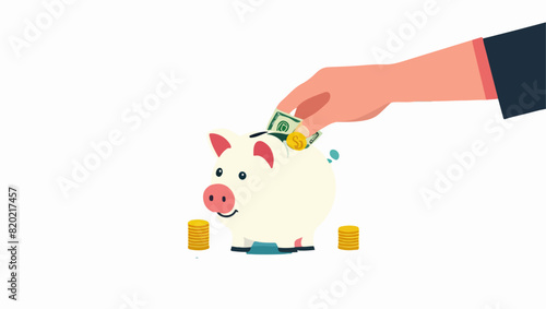 Cartoon Character Depositing Money in Piggy Bank