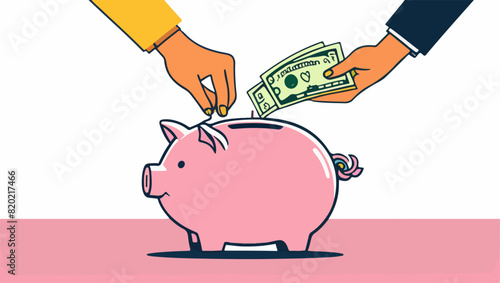 Hand Putting Coin in Piggy Bank Vector Illustration