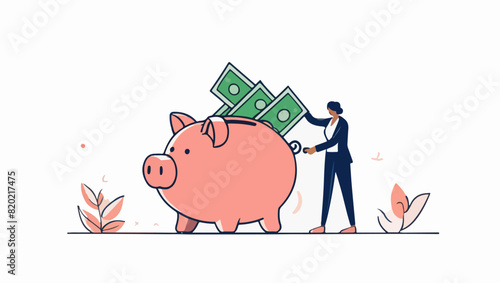 Person Depositing Money in Piggy Bank Vector Illustration